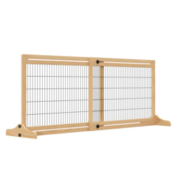PawHut Adjustable Wooden Pet Gate, Freestanding Dog Barrier Fence with 2 Panels for Doorway, Hallway, 69H x 104-183 cm, Natural - thumbnail 1