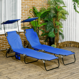 Outsunny 2 Piece Folding Sun Loungers with Canopy, Adjustable Recliner Garden Chairs with Breathable Mesh for Outdoor, Pool, Beach, Garden, Blue - thumbnail 2