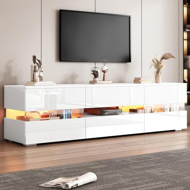 High-Gloss LED TV Cabinet with App-Controlled LED Lighting, Modern TV Stand with 2 Open Shelves, 160L x 38W x 50.5H cm, White - Aosom UK - image 1