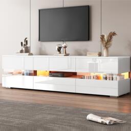 High-Gloss LED TV Cabinet with App-Controlled LED Lighting, Modern TV Stand with 2 Open Shelves, 160L x 38W x 50.5H cm, White - Aosom UK - thumbnail 9