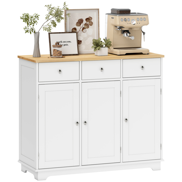HOMCOM Modern Sideboard with Rubberwood Top, Buffet Cabinet with Storage Cabinets, Drawers and Adjustable Shelves for Living Room, White - Aosom UK - image 1