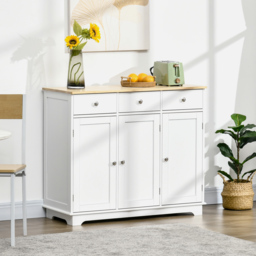 HOMCOM Modern Sideboard with Rubberwood Top, Buffet Cabinet with Storage Cabinets, Drawers and Adjustable Shelves for Living Room, White - Aosom UK - thumbnail 2