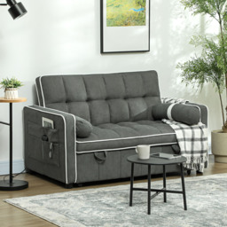 HOMCOM Two-Seater Linen-Look Sofa Bed - Charcoal Grey - Aosom UK - thumbnail 2