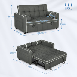 HOMCOM Two-Seater Linen-Look Sofa Bed - Charcoal Grey - Aosom UK - thumbnail 3
