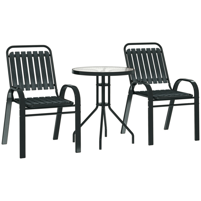 Outsunny 3 Piece Bistro Set, Outdoor Patio Table & Stackable Chairs with Tempered Glass Top, Space Saving Garden Furniture, Charcoal Grey - Aosom UK - image 1