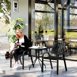Outsunny 3 Piece Bistro Set, Outdoor Patio Table & Stackable Chairs with Tempered Glass Top, Space Saving Garden Furniture, Charcoal Grey - Aosom UK - thumbnail 2