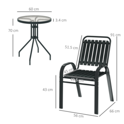 Outsunny 3 Piece Bistro Set, Outdoor Patio Table & Stackable Chairs with Tempered Glass Top, Space Saving Garden Furniture, Charcoal Grey - Aosom UK - thumbnail 3