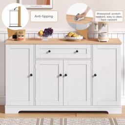 Practical Kitchen Sideboard with Double-Door Compartment, Spacious Cabinet with Adjustable Shelves, 138L x 40W x 85H cm, Natural+White - Aosom UK - thumbnail 5