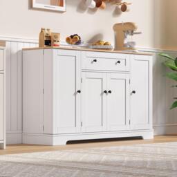 Practical Kitchen Sideboard with Double-Door Compartment, Spacious Cabinet with Adjustable Shelves, 138L x 40W x 85H cm, Natural+White - Aosom UK - thumbnail 7
