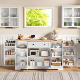 Practical Kitchen Sideboard with Double-Door Compartment, Spacious Cabinet with Adjustable Shelves, 138L x 40W x 85H cm, Natural+White - Aosom UK - thumbnail 1