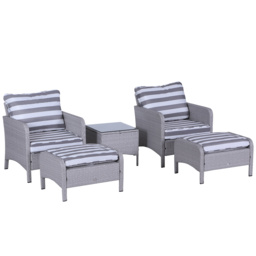 Outsunny 2 Seater PE Rattan Garden Furniture Set, 2 Armchairs 2 Stools Glass Top Table Cushions Wicker Weave Chairs Outdoor Seating - Grey - Aosom UK - thumbnail 1