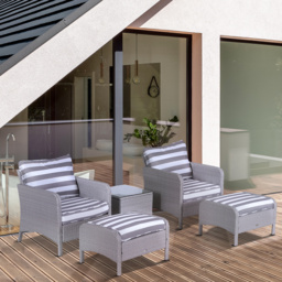 Outsunny 2 Seater PE Rattan Garden Furniture Set, 2 Armchairs 2 Stools Glass Top Table Cushions Wicker Weave Chairs Outdoor Seating - Grey - Aosom UK - thumbnail 2