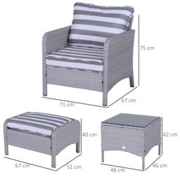 Outsunny 2 Seater PE Rattan Garden Furniture Set, 2 Armchairs 2 Stools Glass Top Table Cushions Wicker Weave Chairs Outdoor Seating - Grey - Aosom UK - thumbnail 3
