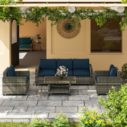 Outsunny 6 Pieces Rattan Garden Furniture Set, 5 Seater Wicker Outdoor Furniture Set with 2 Armchairs, Steel Frame Coffee Table and Cushions for Balcony, Porch, Navy Blue - thumbnail 9