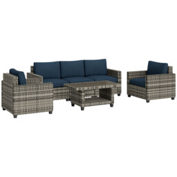 Outsunny 6 Pieces Rattan Garden Furniture Set, 5 Seater Wicker Outdoor Furniture Set with 2 Armchairs, Steel Frame Coffee Table and Cushions for Balcony, Porch, Navy Blue - thumbnail 1