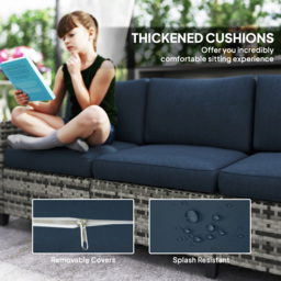 Outsunny 6 Pieces Rattan Garden Furniture Set, 5 Seater Wicker Outdoor Furniture Set with 2 Armchairs, Steel Frame Coffee Table and Cushions for Balcony, Porch, Navy Blue - thumbnail 7
