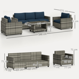 Outsunny 6 Pieces Rattan Garden Furniture Set, 5 Seater Wicker Outdoor Furniture Set with 2 Armchairs, Steel Frame Coffee Table and Cushions for Balcony, Porch, Navy Blue - thumbnail 3