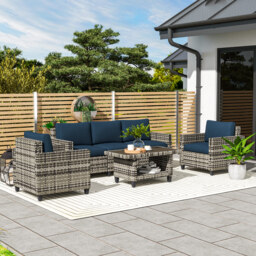 Outsunny 6 Pieces Rattan Garden Furniture Set, 5 Seater Wicker Outdoor Furniture Set with 2 Armchairs, Steel Frame Coffee Table and Cushions for Balcony, Porch, Navy Blue - thumbnail 2