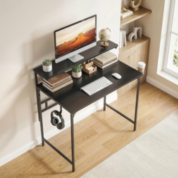 HOMCOM Computer Desk, 80cm Home Office Study Table with Hutch Shelf, Cup Holder, Headphone Hook, Black - thumbnail 2