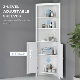 kleankin Triangle Free Standing Bathroom Cabinet, Corner Bathroom Storage Unit with Cupboard and 3-Tier Shelves, White - Aosom UK - thumbnail 6