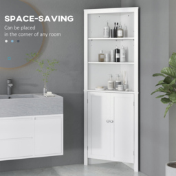 kleankin Triangle Free Standing Bathroom Cabinet, Corner Bathroom Storage Unit with Cupboard and 3-Tier Shelves, White - Aosom UK - thumbnail 4
