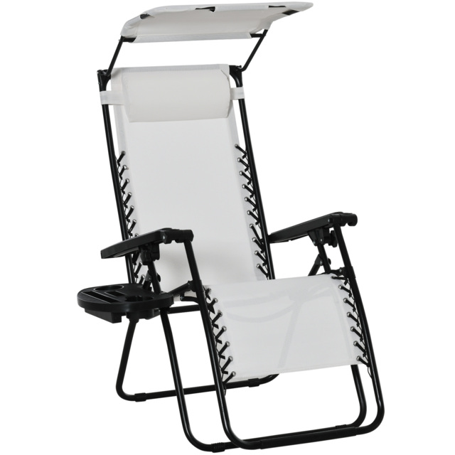 Outsunny Zero Gravity Garden Deck Folding Chair Patio Sun Lounger Reclining Seat with Cup Holder & Canopy Shade - White - Aosom UK - image 1