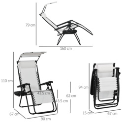 Outsunny Zero Gravity Garden Deck Folding Chair Patio Sun Lounger Reclining Seat with Cup Holder & Canopy Shade - White - Aosom UK - thumbnail 3
