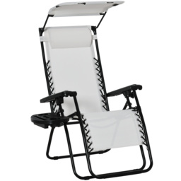 Outsunny Zero Gravity Garden Deck Folding Chair Patio Sun Lounger Reclining Seat with Cup Holder & Canopy Shade - White - Aosom UK