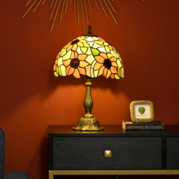 HOMCOM Stained Glass Bedroom Table Lamp, Handmade Antique Bedside Light for Bedroom, Living Room, Decorative Night Light, Orange Sunflower - Aosom UK - thumbnail 2