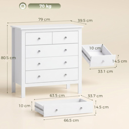 HOMCOM White Storage Cabinet with 5 Drawers, Chest of Drawers with Metal Handles and Runners for Bedroom Living room, Nursery, Closet - Aosom UK - thumbnail 3