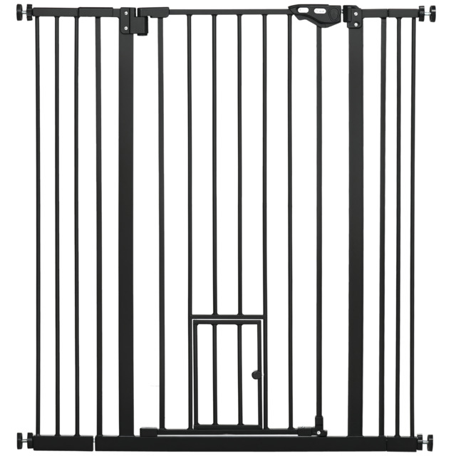 PawHut Extra Tall Pet Gate, Indoor Dog Safety Gate, with Cat Flap, Auto Close, 74-101cm Wide - Black - image 1