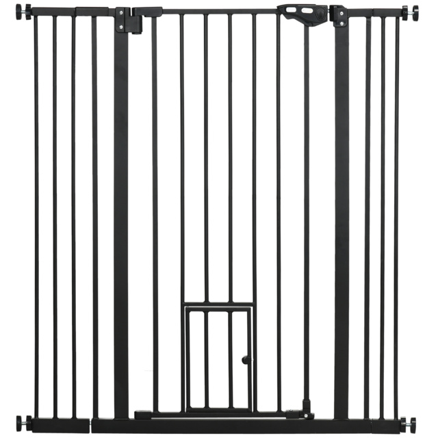 PawHut Extra Tall Pet Gate, Indoor Dog Safety Gate, with Cat Flap, Auto Close, 74-101cm Wide - Black - image 1