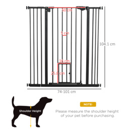 PawHut Extra Tall Pet Gate, Indoor Dog Safety Gate, with Cat Flap, Auto Close, 74-101cm Wide - Black - thumbnail 3