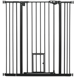 PawHut Extra Tall Pet Gate, Indoor Dog Safety Gate, with Cat Flap, Auto Close, 74-101cm Wide - Black - thumbnail 1