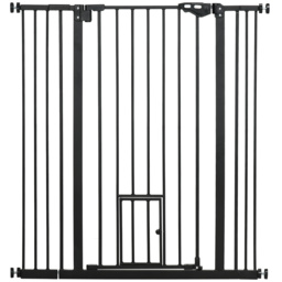 PawHut Extra Tall Pet Gate, Indoor Dog Safety Gate, with Cat Flap, Auto Close, 74-101cm Wide - Black - thumbnail 1