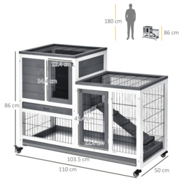 PawHut Indoor Wooden Rabbit Hutch Guinea Pigs House Bunny Small Animal Cage W/ Wheels Enclosed Run 110 x 50 x 86 cm - thumbnail 3