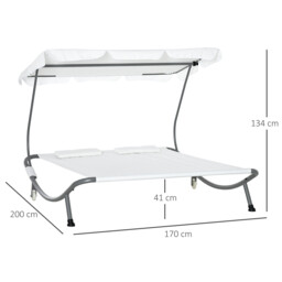 Outsunny Patio Double Hammock Sun Lounger Bed w/ Canopy Shelter, Wheels & 2 Pillows, White - thumbnail 3
