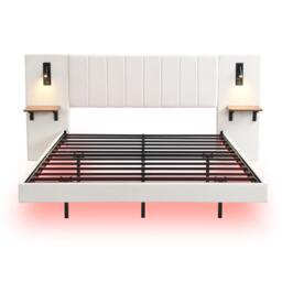 Upholstered Double Bed with Headboard, Charging Socket, Rotatable Bedside Lamps, Suitable for Bedroom, 222L x 209W x 103.5H cm, White - Aosom.UK - thumbnail 2