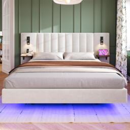 Upholstered Double Bed with Headboard, Charging Socket, Rotatable Bedside Lamps, Suitable for Bedroom, 222L x 209W x 103.5H cm, White - Aosom.UK - thumbnail 6