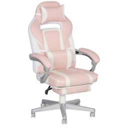 HOMCOM Faux Leather Reclining Gaming Chair, with Footrest - Pink/White - Aosom UK - thumbnail 1