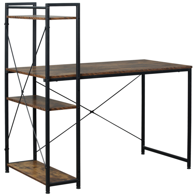 HOMCOM Study Desk, Computer Table with 4-Tier Bookshelf, Home Office Workstation, Metal Frame, Wooden Top, Rustic Brown & Black - Aosom UK - image 1
