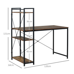 HOMCOM Study Desk, Computer Table with 4-Tier Bookshelf, Home Office Workstation, Metal Frame, Wooden Top, Rustic Brown & Black - Aosom UK - thumbnail 3