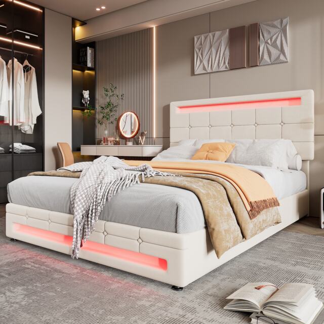 Hydraulic Lift Double Bed Frame with Storage, LED Light, Iron Frame, Upholstered Velvet Fabric Bed with Wood Slats, 199x150x123 cm, Beige - Aosom.UK - image 1