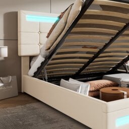 Hydraulic Lift Double Bed Frame with Storage, LED Light, Iron Frame, Upholstered Velvet Fabric Bed with Wood Slats, 199x150x123 cm, Beige - Aosom.UK - thumbnail 8
