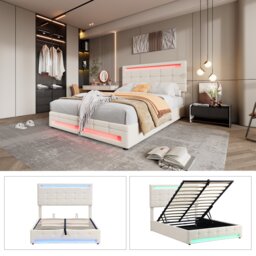 Hydraulic Lift Double Bed Frame with Storage, LED Light, Iron Frame, Upholstered Velvet Fabric Bed with Wood Slats, 199x150x123 cm, Beige - Aosom.UK - thumbnail 5
