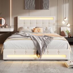 Hydraulic Lift Double Bed Frame with Storage, LED Light, Iron Frame, Upholstered Velvet Fabric Bed with Wood Slats, 199x150x123 cm, Beige - Aosom.UK - thumbnail 6