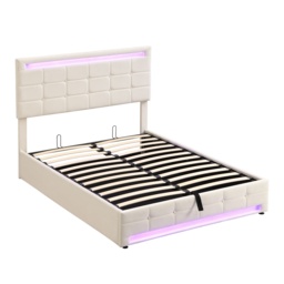 Hydraulic Lift Double Bed Frame with Storage, LED Light, Iron Frame, Upholstered Velvet Fabric Bed with Wood Slats, 199x150x123 cm, Beige - Aosom.UK - thumbnail 2