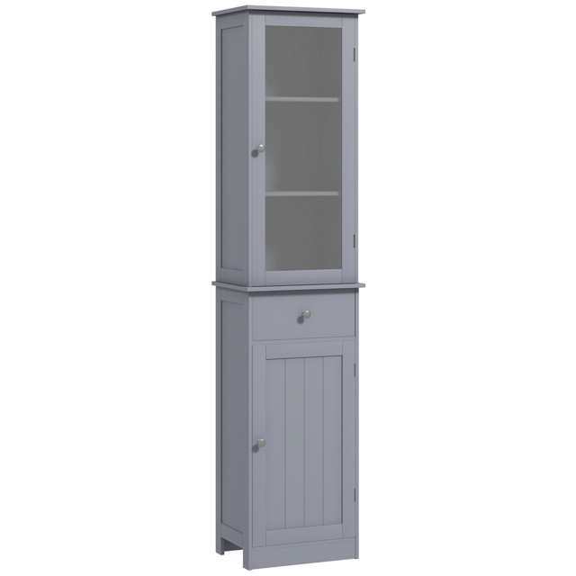 Kleankin Bathroom Storage Unit with 3-tier Shelf Drawer Door, Floor Cabinet Free Standing Tall Slim Side Organizer Shelves, Grey - Aosom UK