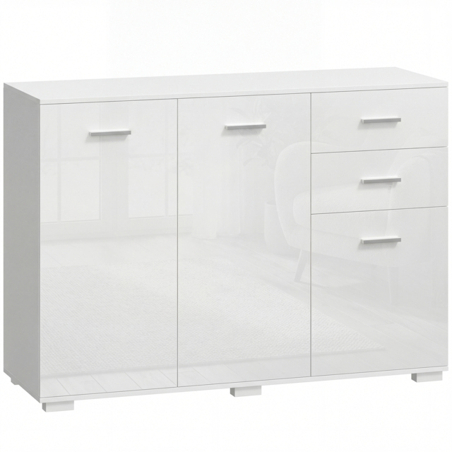 HOMCOM Sideboard, Modern Storage Cabinet with 2 Drawers, 3 Doors and Adjustable Shelves, High Gloss White - image 1