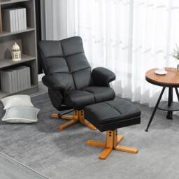 Faux Leather Swivel Recliner Chair HOMCOM Armchair with Footstool, Wooden Base and Storage for Living Room, Black - Aosom UK - thumbnail 2